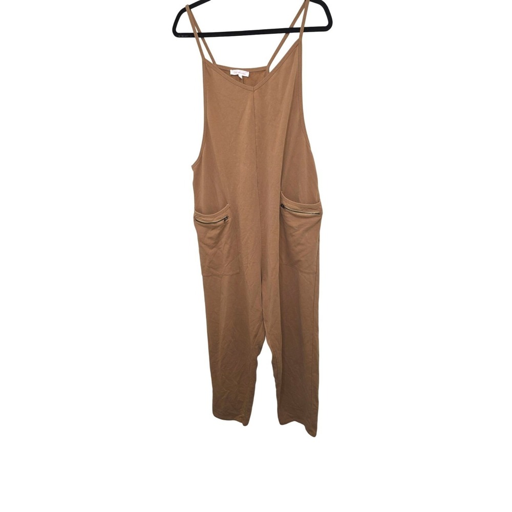 Ces Femme Women's Tan Sleeveless V Neck Wide Leg‎ Jumpsuit Size L